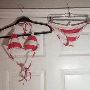 Guess Pink and White Striped Bikini Set Small